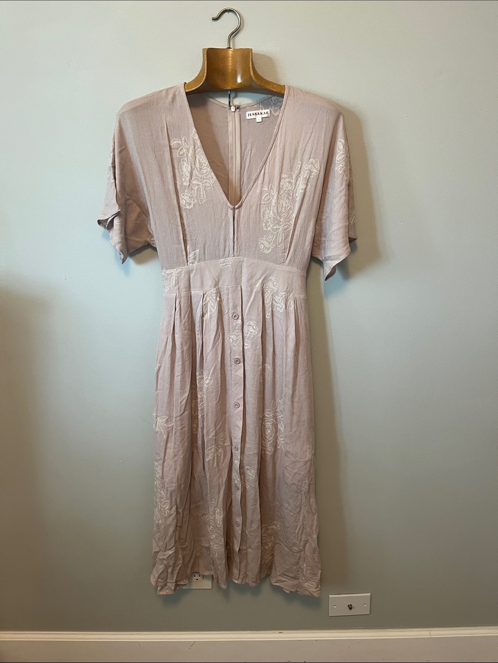 Jessakae Embroidered V-Neck Faux Button Front Midi Dress in Light Mauve